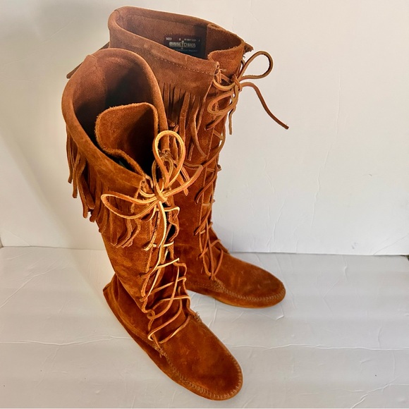 Minnetonka Suede Moccasins Lace-Up Fringe Knee High Boots Women’s size 8 - Picture 4 of 13